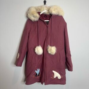 Vintage Northern Sun Wool Parka Coat Womens XL Fur Trim Hood Alaska Inuit Arctic